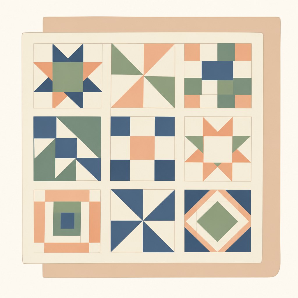 Abstract quilt with backing layer and sashing lines between blocks