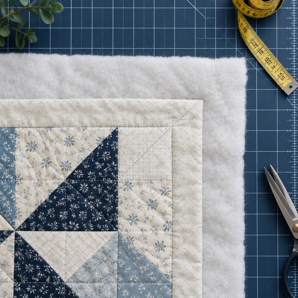 Quilt sandwich corner with batting extending past the top on every side, measuring tape on a navy cutting mat