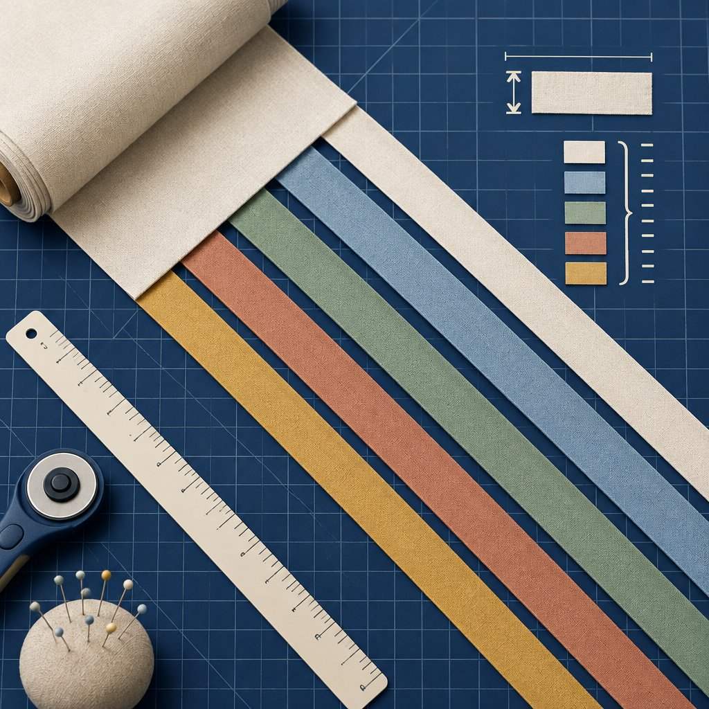 Width-of-fabric strips cut from a bolt, shown as parallel ribbons for strip count math