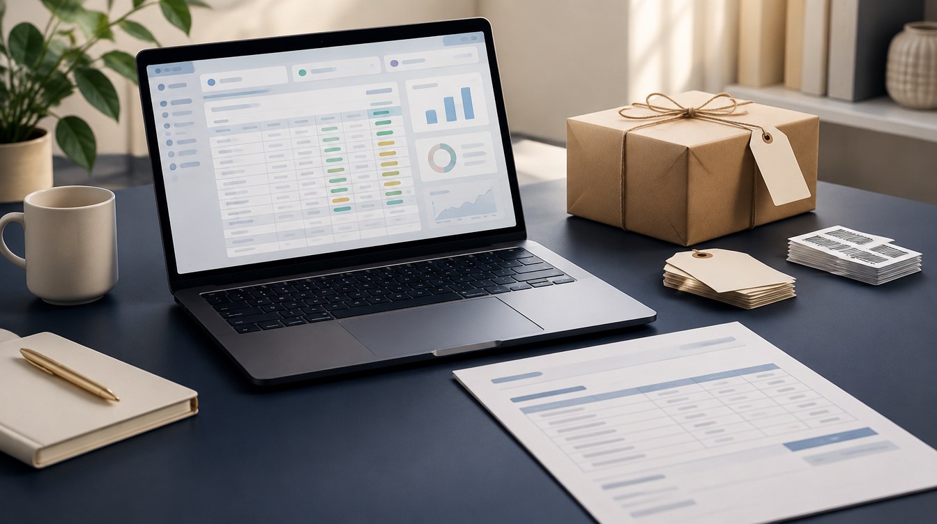 Laptop with multi-tab business spreadsheet beside invoice paper, stock tags and a wrapped parcel