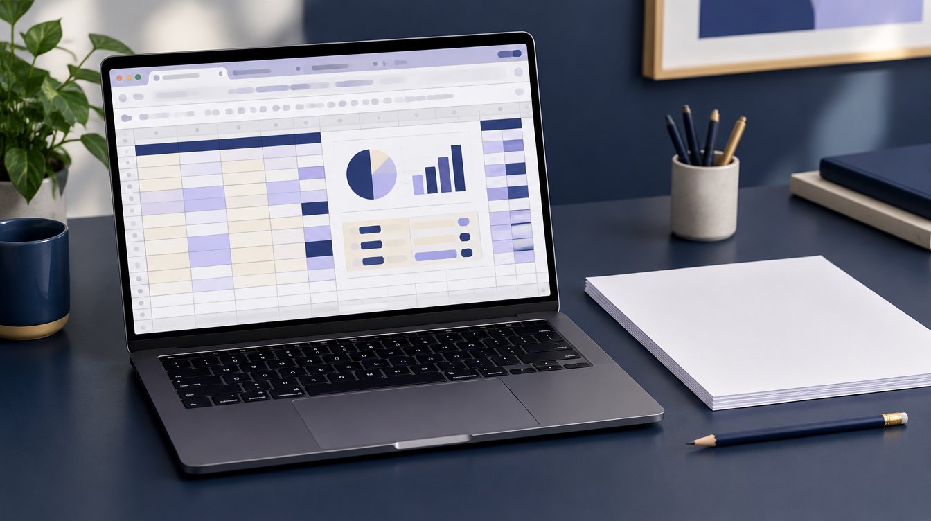 Laptop showing soft multi-tab spreadsheet chrome beside a printed sheet stack
