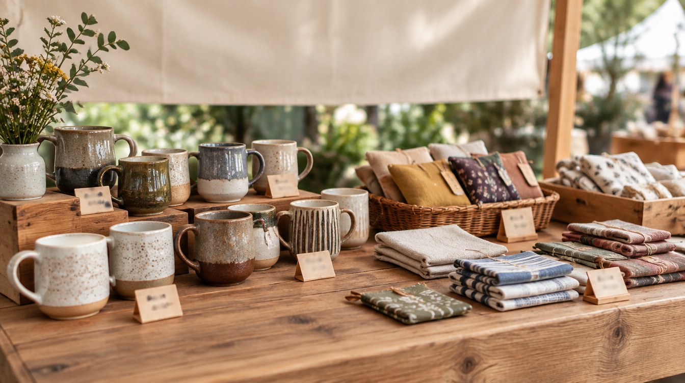 Handmade craft fair booth table with ceramics and soft-focus price tags