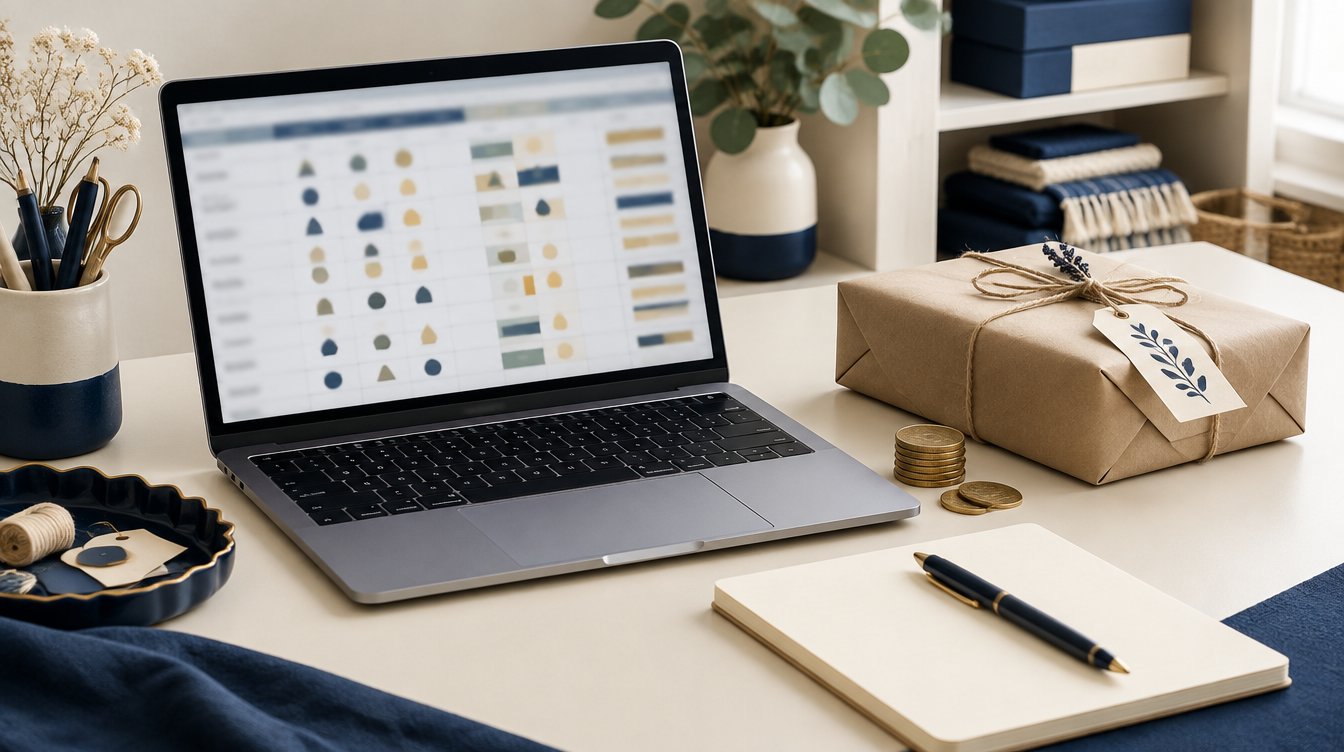 Laptop with soft spreadsheet cells beside fee coins and a wrapped handmade parcel