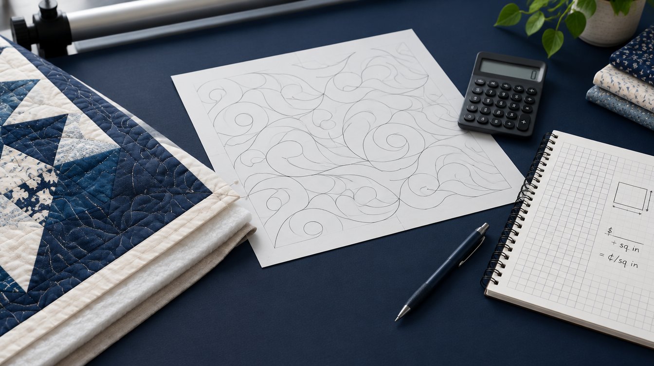 Quilt sandwich corner with pantograph paper and a calculator on a navy desk