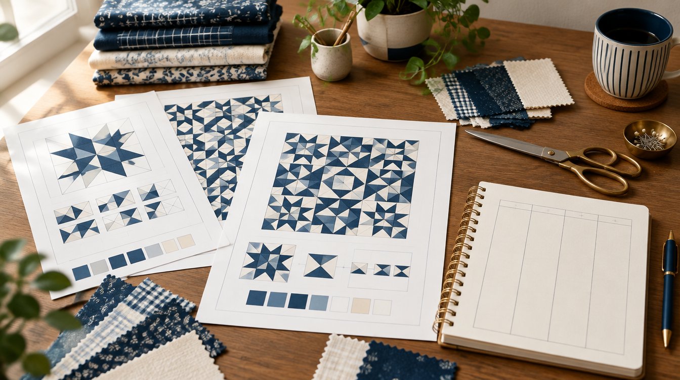 Printed quilt pattern sheets with geometric block diagrams and fabric swatches