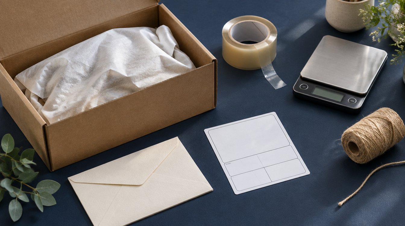 Kraft shipping box, packing tape, blank label and scale on a navy desk