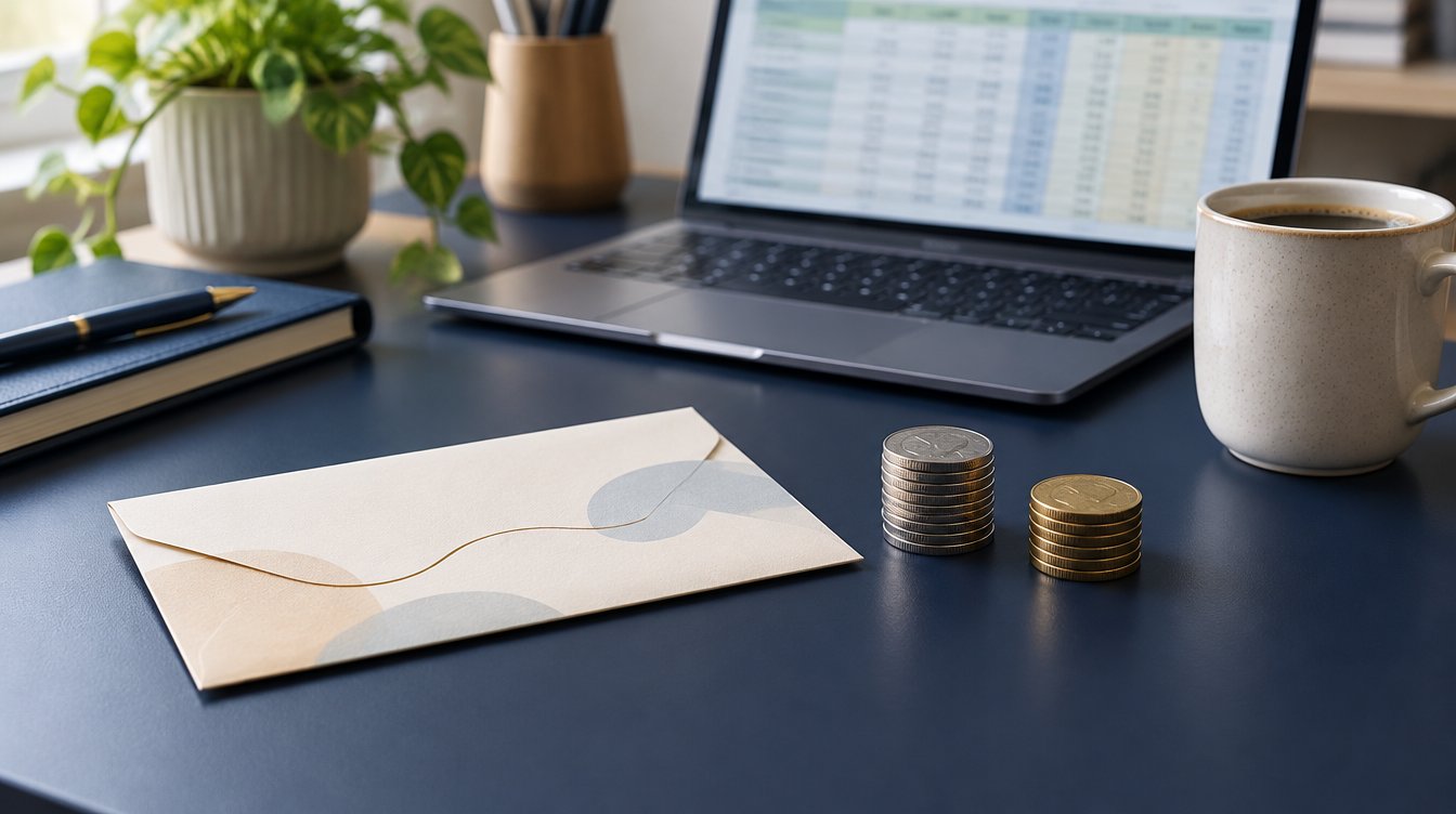 Cream envelopes and two piles of coins next to a laptop