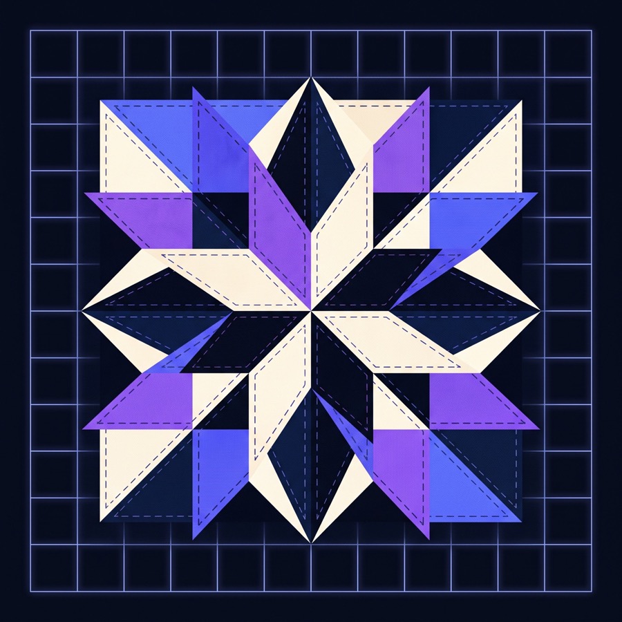A star quilt block drawn over a cutting grid, showing the individual pieces and stitch lines it is made from