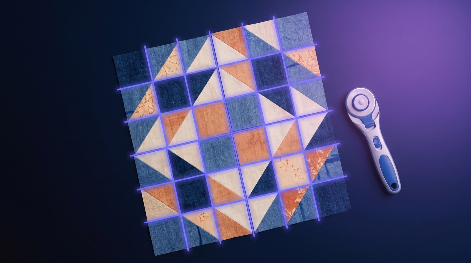Patchwork quilt top overlaid with a grid showing how it divides into equal pieced blocks, with a rotary cutter beside it
